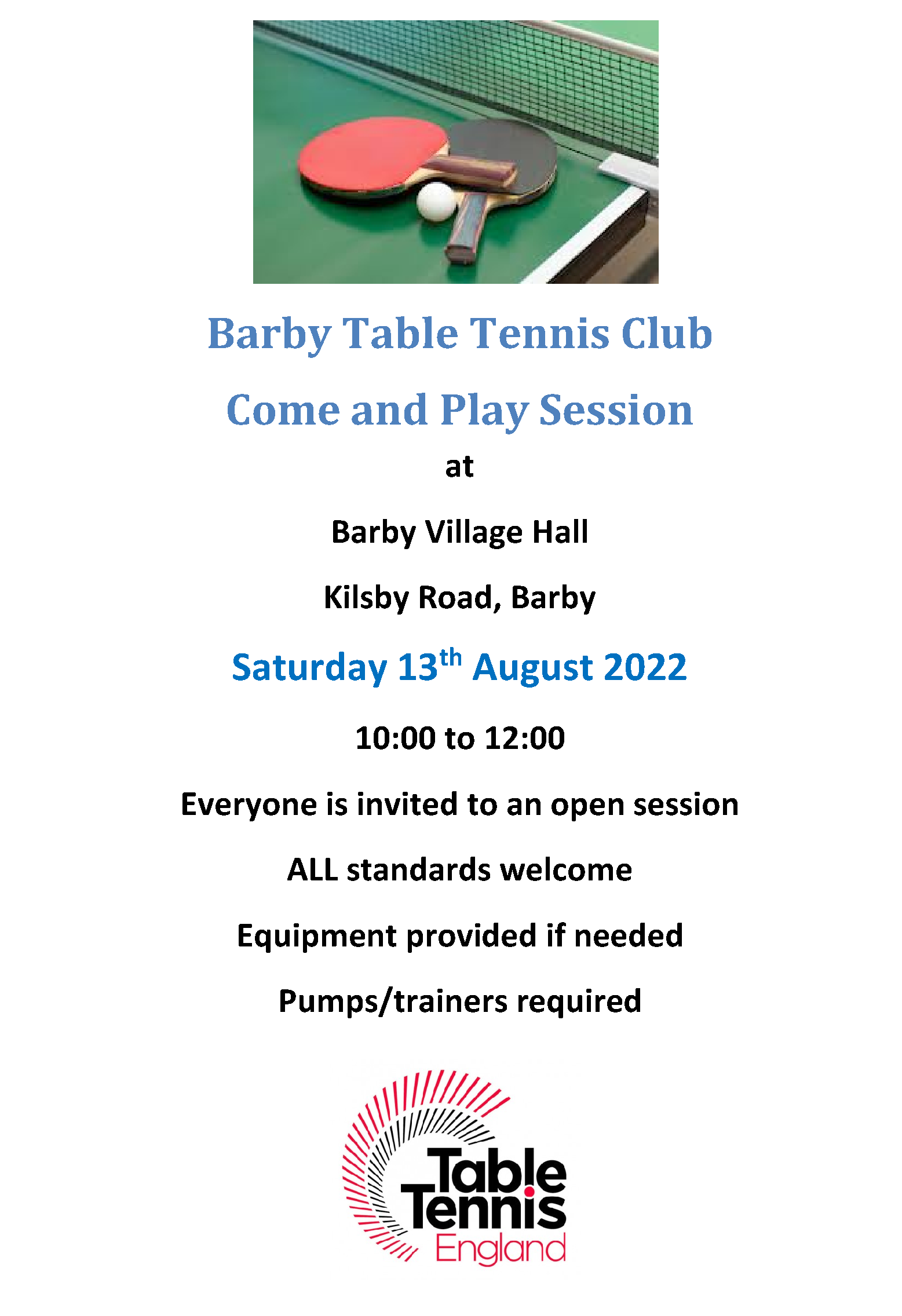 Table Tennis Open Day 13th August 2022
